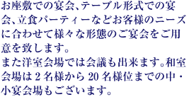 お座敷での宴会、テーブル形式での宴会、立食パーティーなどお客様のニーズに合わせて様々な形態のご宴会をご用意を致します。また洋室会場では会議も出来ます。和室会場は2名様から20名様位までの中・小宴会場もございます。